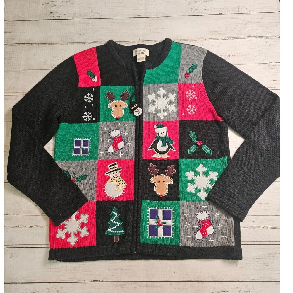 Bechamel Womens M Christmas Cardigan Sweater Black Zip Up Holiday Patchwork